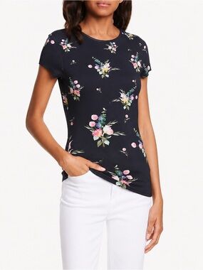 Ted Baker Sayyna Floral Tee Top Small Dark Navy Blue Crew Short Sleeve Feminine
